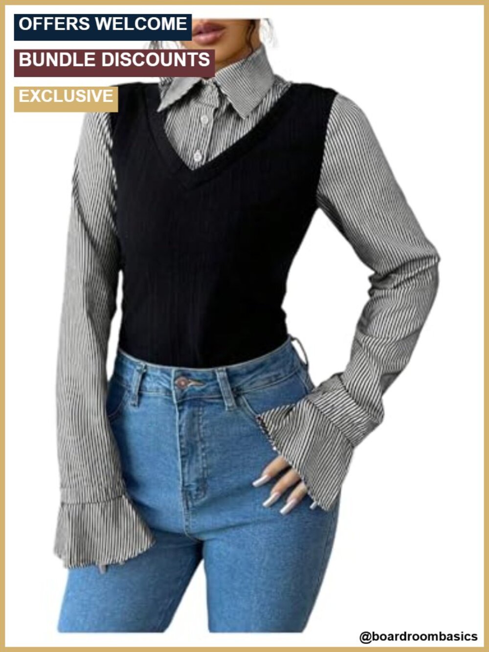 Striped Collared Button Front Blouse Long Sleeve Dressy Fall Shirt